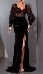 Eirlys Black Velvet & Lace Corset Maxi Dress with High Slit