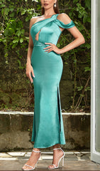 Daring One-Shoulder Satin Cutout Maxi Dress