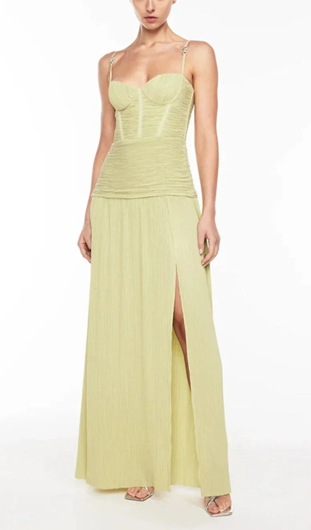 Darcy Elegant Ruched Corset Strappy Slit Maxi Dress