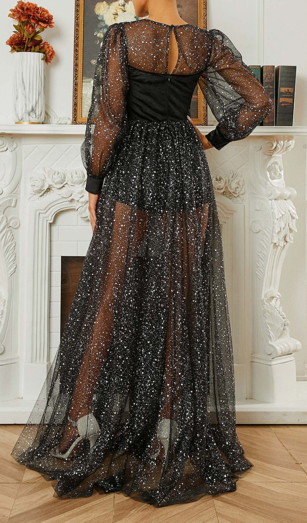 Catlyn Black Glitter Mesh Sweetheart Maxi Dress with Velvet Bodice