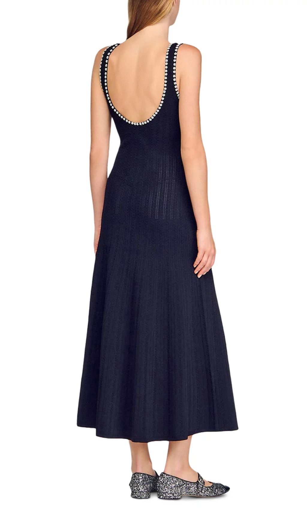 Chic Beaded Rib Knit Sleeveless Midi Dress with Pockets