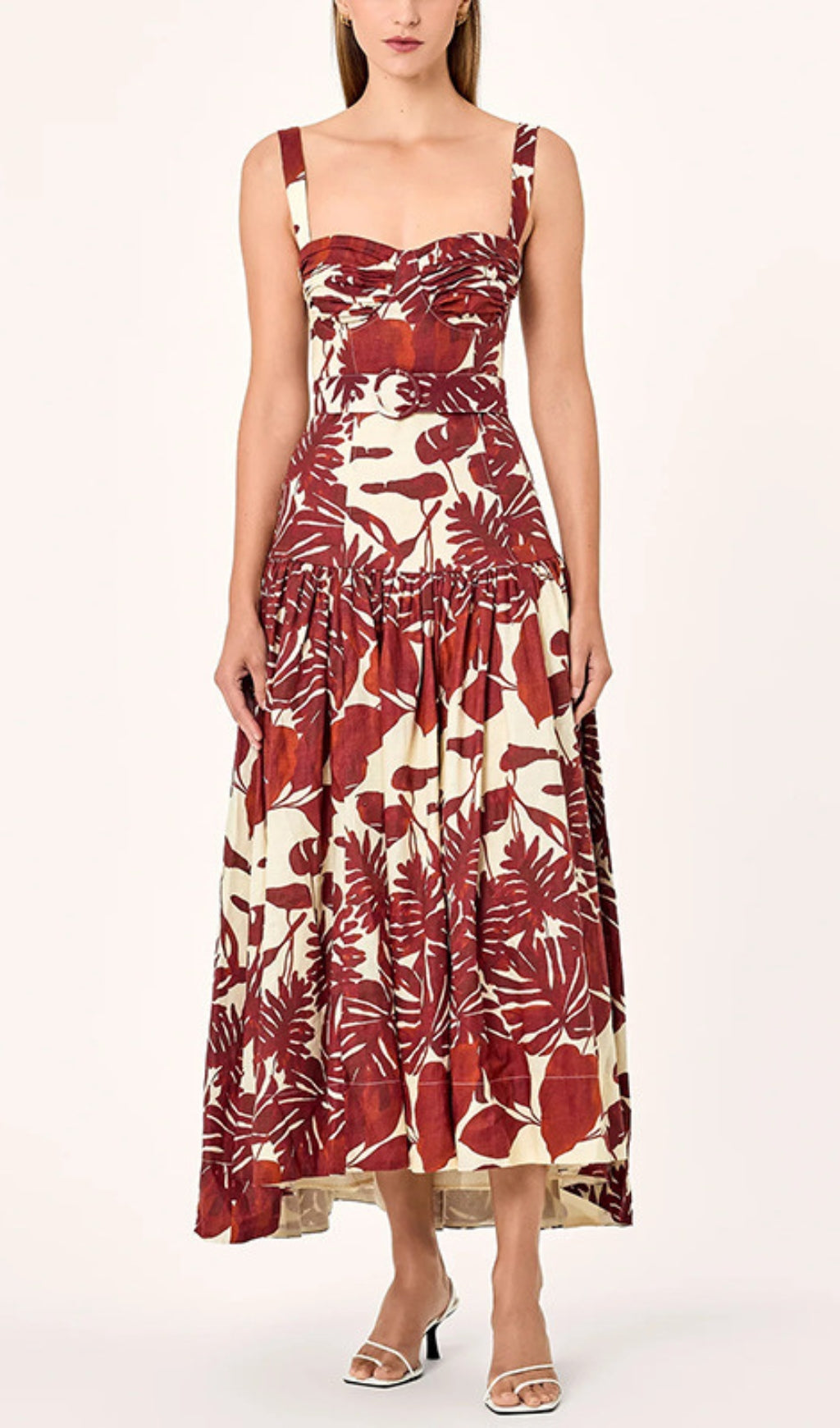 Drika Red Tropical Leaf Print Strappy Midi Dress