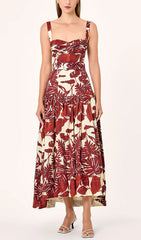 Drika Red Tropical Leaf Print Strappy Midi Dress
