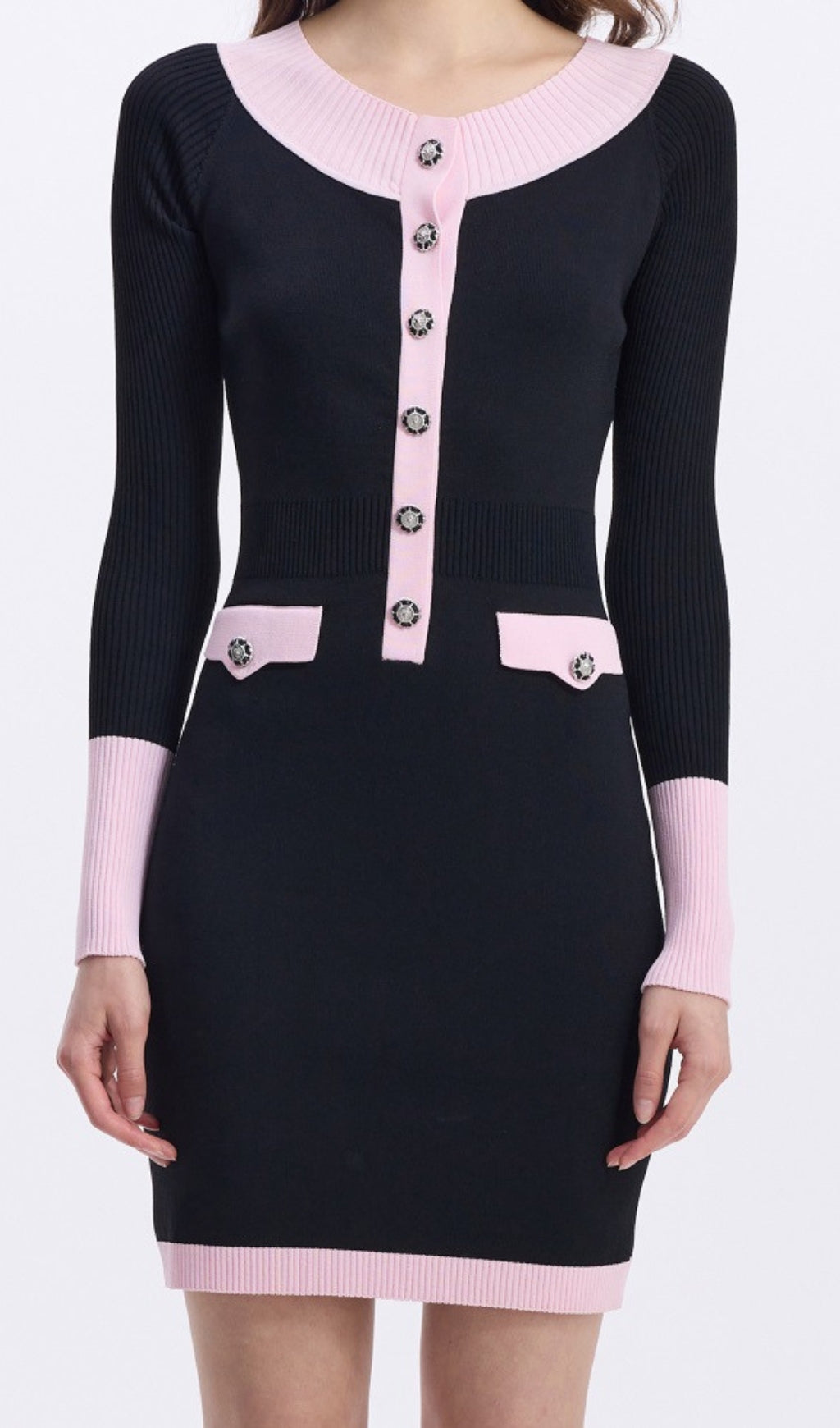 Elwyn Chic Black & Pink Contrast Knit Mini Dress