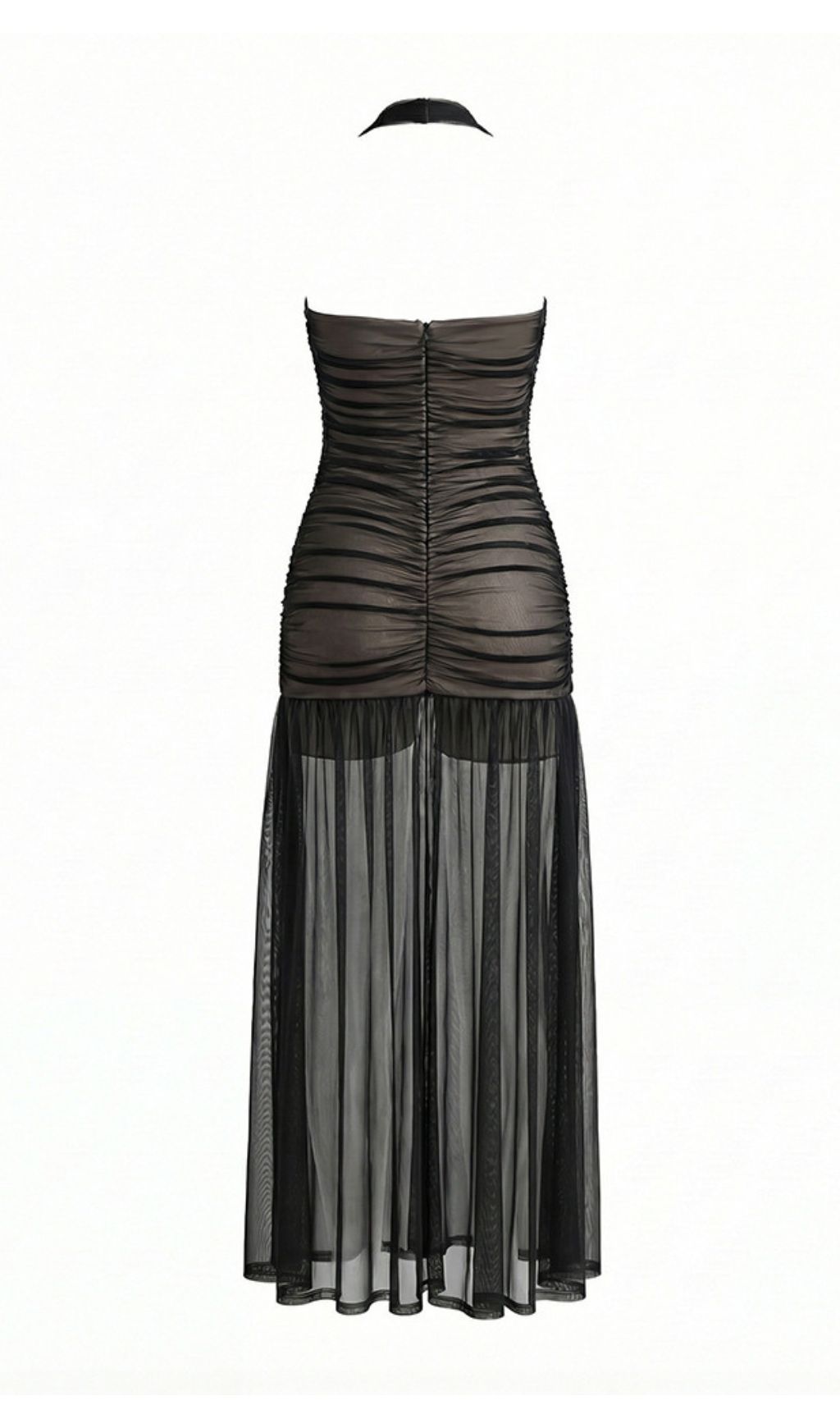 Jadzia Black Halter Ruched Mesh Maxi Dress