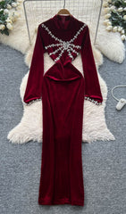 Isanne Velvet & Diamante Long Sleeve Maxi Dress
