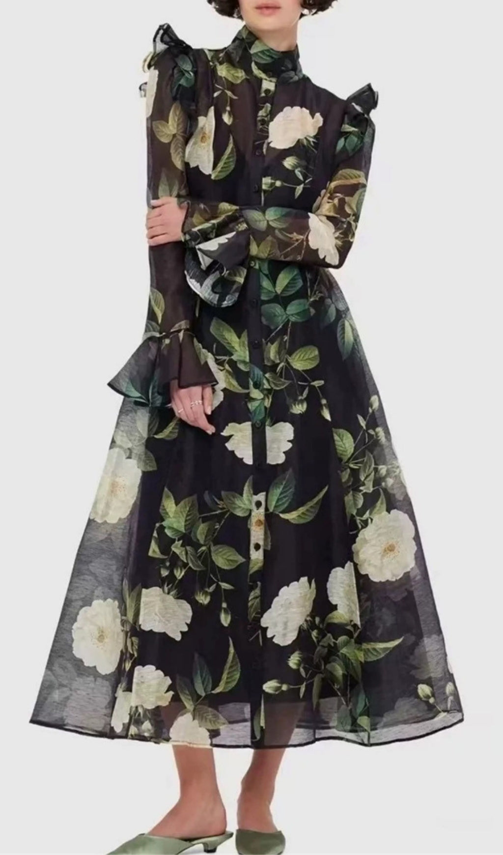Eder Black & White Rose Print Sheer Midi Shirtdress