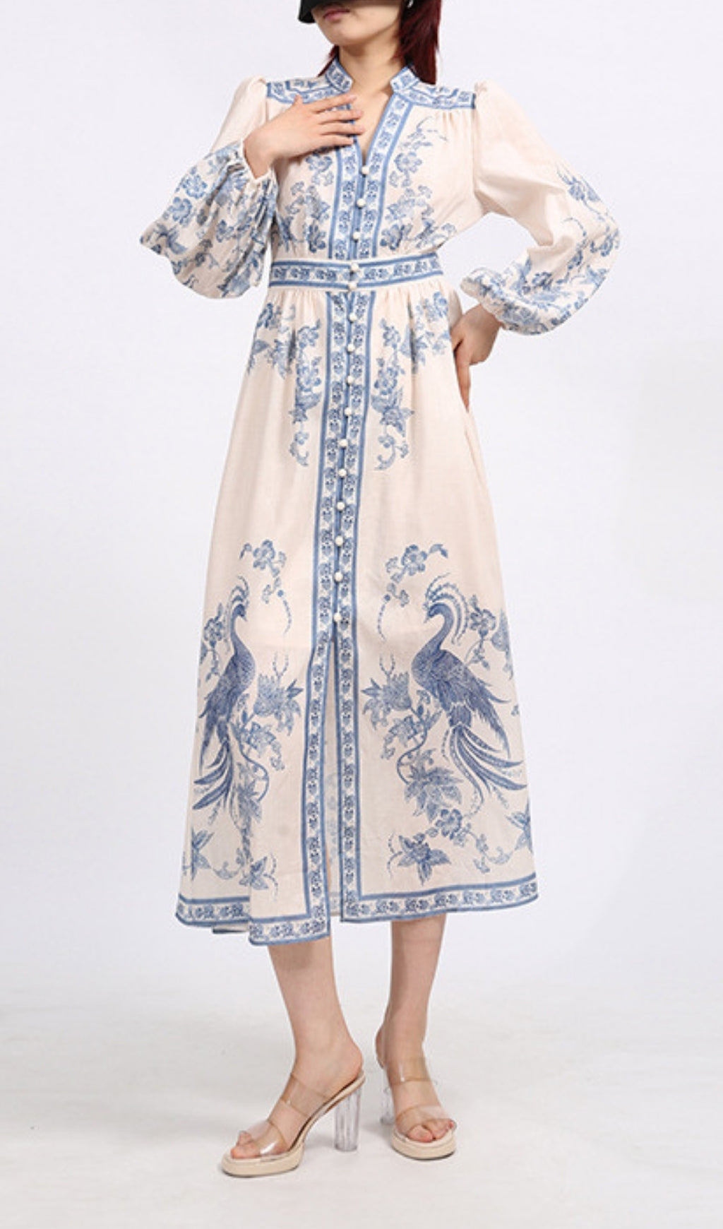 Emilee Chic Blue & White Porcelain Print Midi Dress