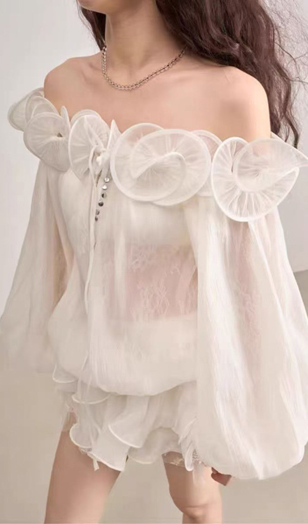 Honore Ethereal White Off-Shoulder Ruffle Mini Dress with Puff Sleeves