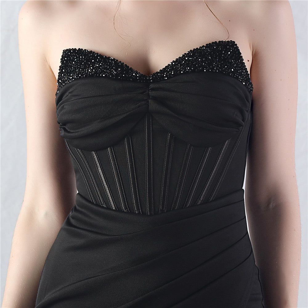 Chizue Black Strapless Corset Boned Maxi Dress with High Slit