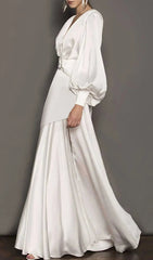 Elegant White Deep V Lantern Sleeve High Slit Maxi Dress for Women