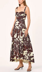 Chic Tropical Leaf Print Strappy Belted Midi Dress