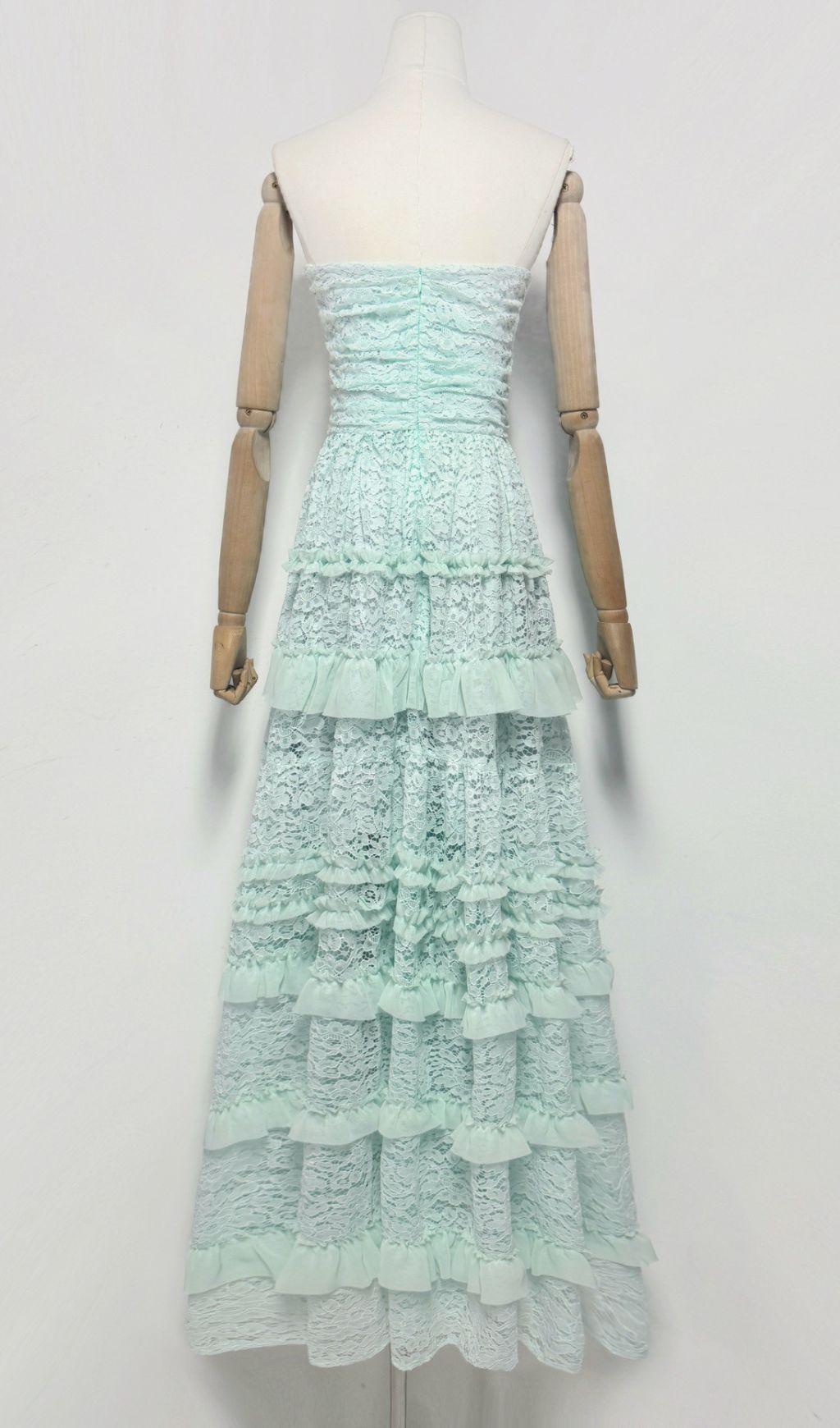 Glora Mint Green Strapless Tiered Lace Maxi Gown