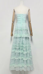 Glora Mint Green Strapless Tiered Lace Maxi Gown
