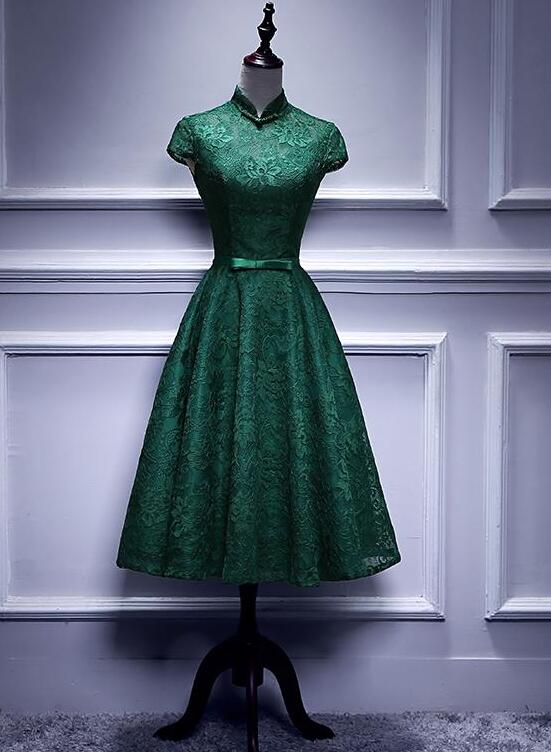 Charming Dark Green Tea Length High Neckline Party Dress