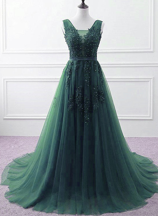 Vestido de fiesta largo de tul verde cazador con escote en V 