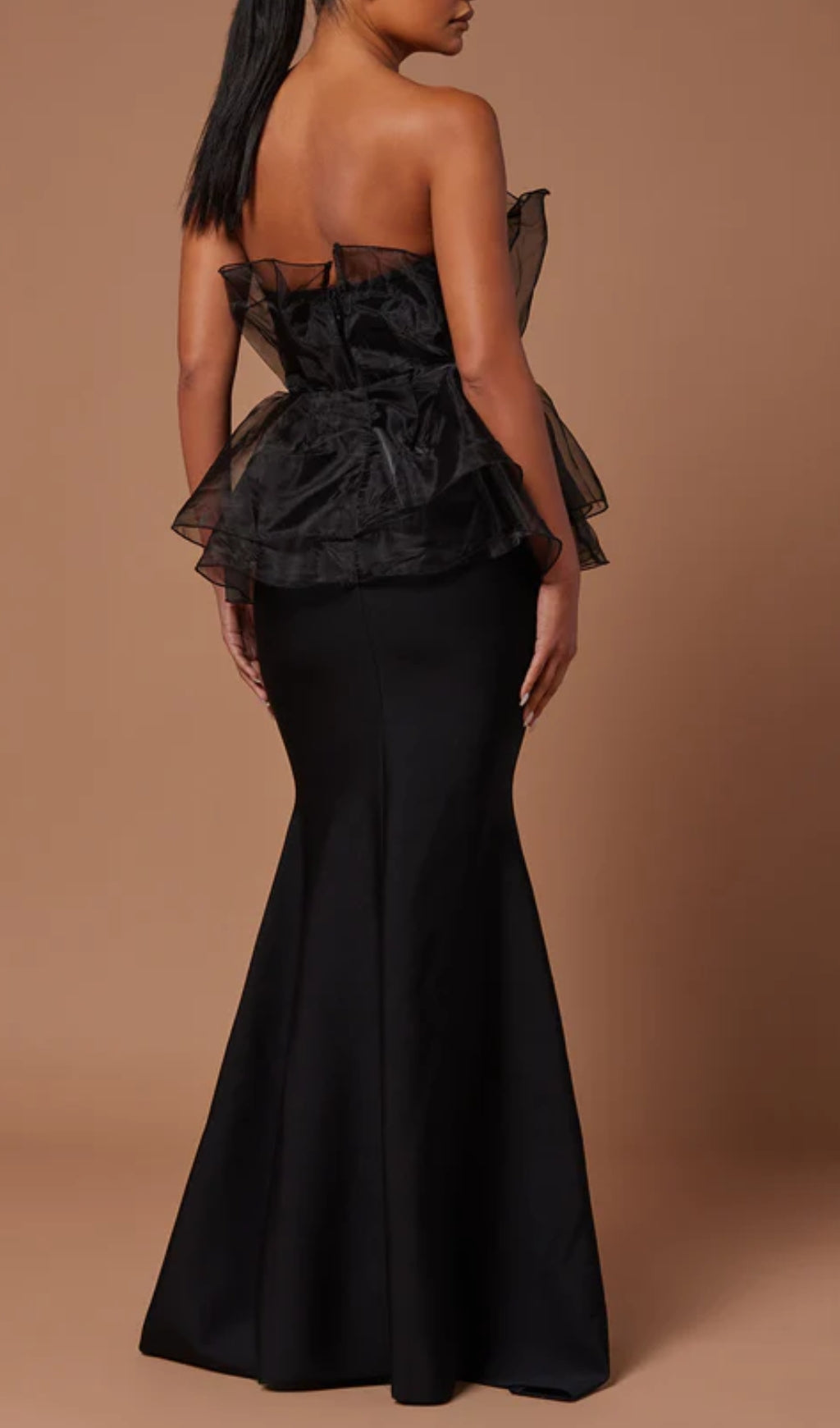 Cedrica Black Strapless Mesh Peplum Maxi Bandage Gown