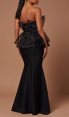 Cedrica Black Strapless Mesh Peplum Maxi Bandage Gown