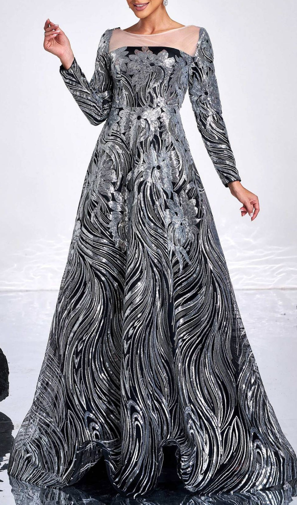 Charae Glamorous Silver Sequin Long Sleeve Maxi Gown
