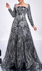 Charae Glamorous Silver Sequin Long Sleeve Maxi Gown
