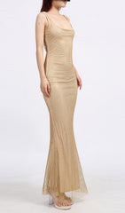 Evelin Shimmering Gold Square Neck Maxi Dress