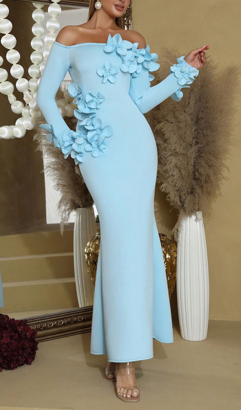 Ethereal Blue Floral Off-Shoulder Maxi Dress