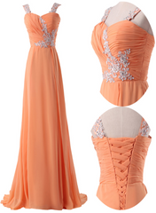 Organge Chiffon Straps Lace Applique A-line Long Prom Dress