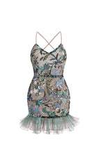 Fatin Green Floral Sequin Mini Dress