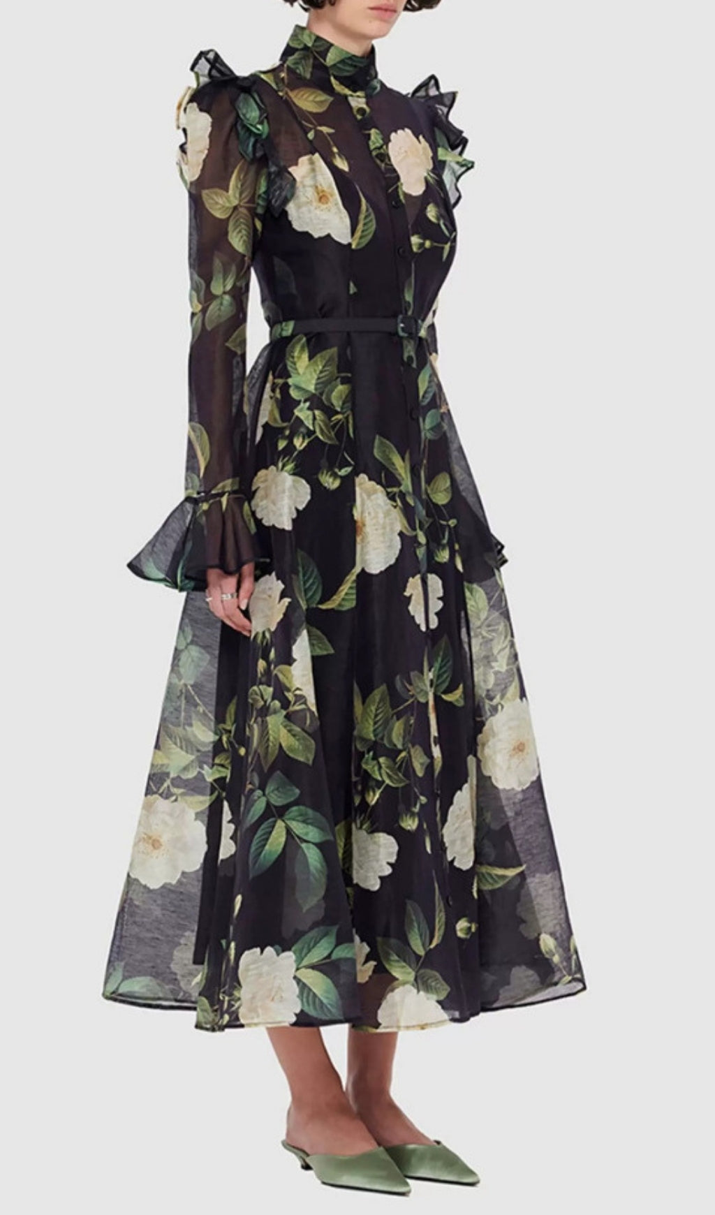 Eder Black & White Rose Print Sheer Midi Shirtdress