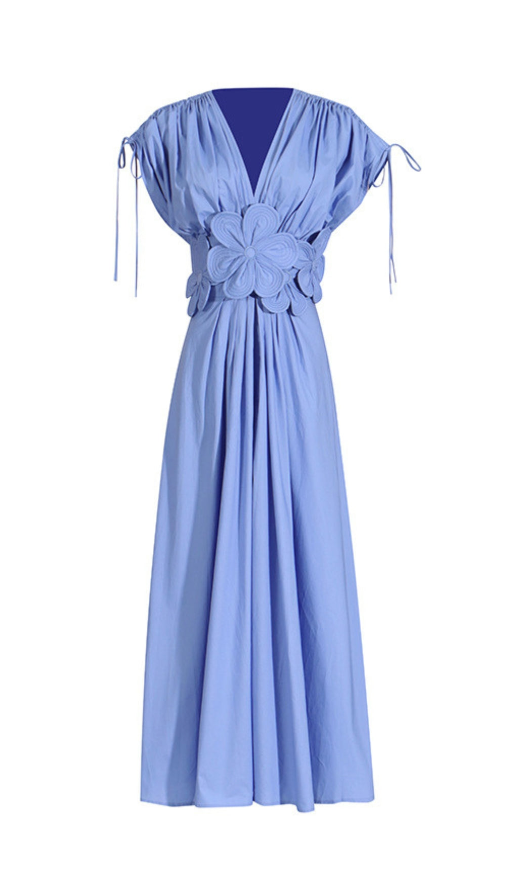 Darra Elegant Blue Floral Appliqu V-Neck Maxi Dress with Tie Sleeves