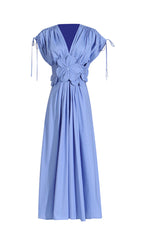 Darra Elegant Blue Floral Appliqu V-Neck Maxi Dress with Tie Sleeves