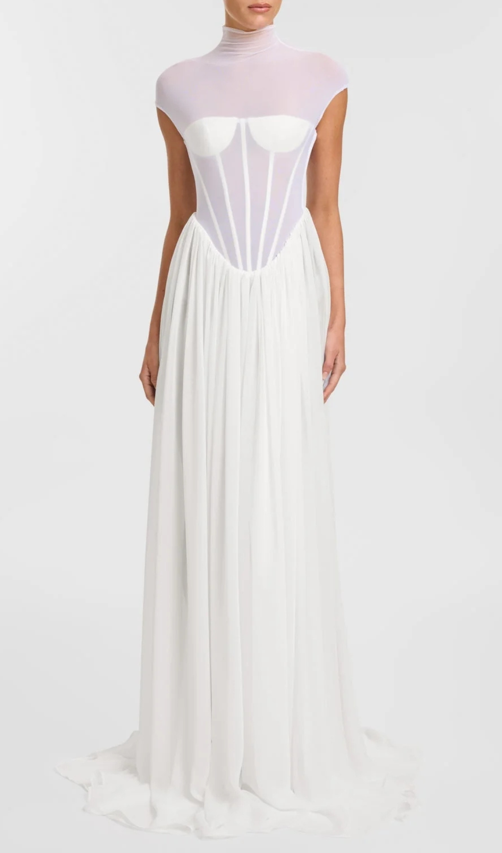 Gabija Ethereal White Boned Corset Maxi Gown with Sheer Mesh