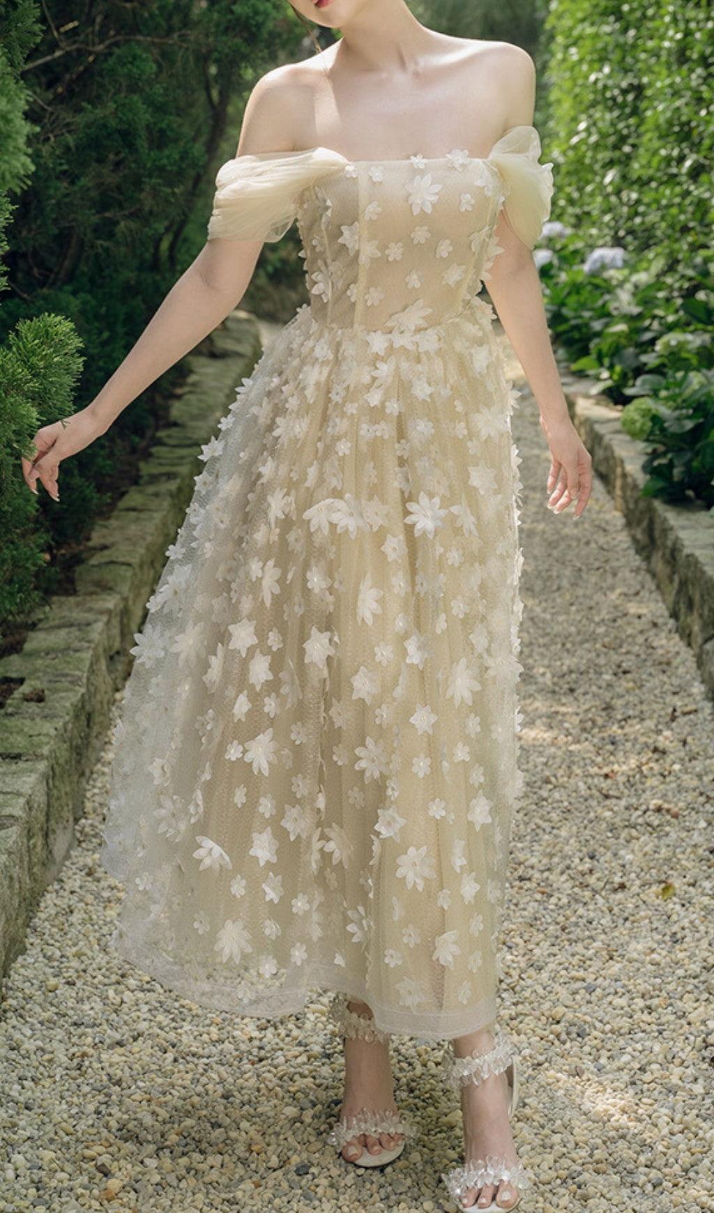 Brandi Apricot 3D Floral Mesh Midi Dress