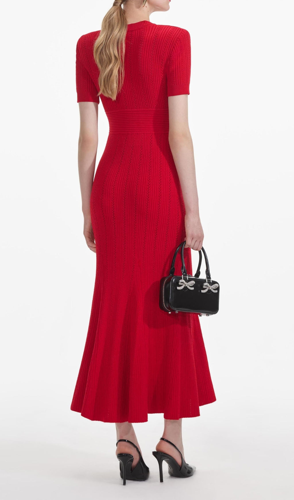Chic & Flattering Red Pointelle Knit Midi Dress