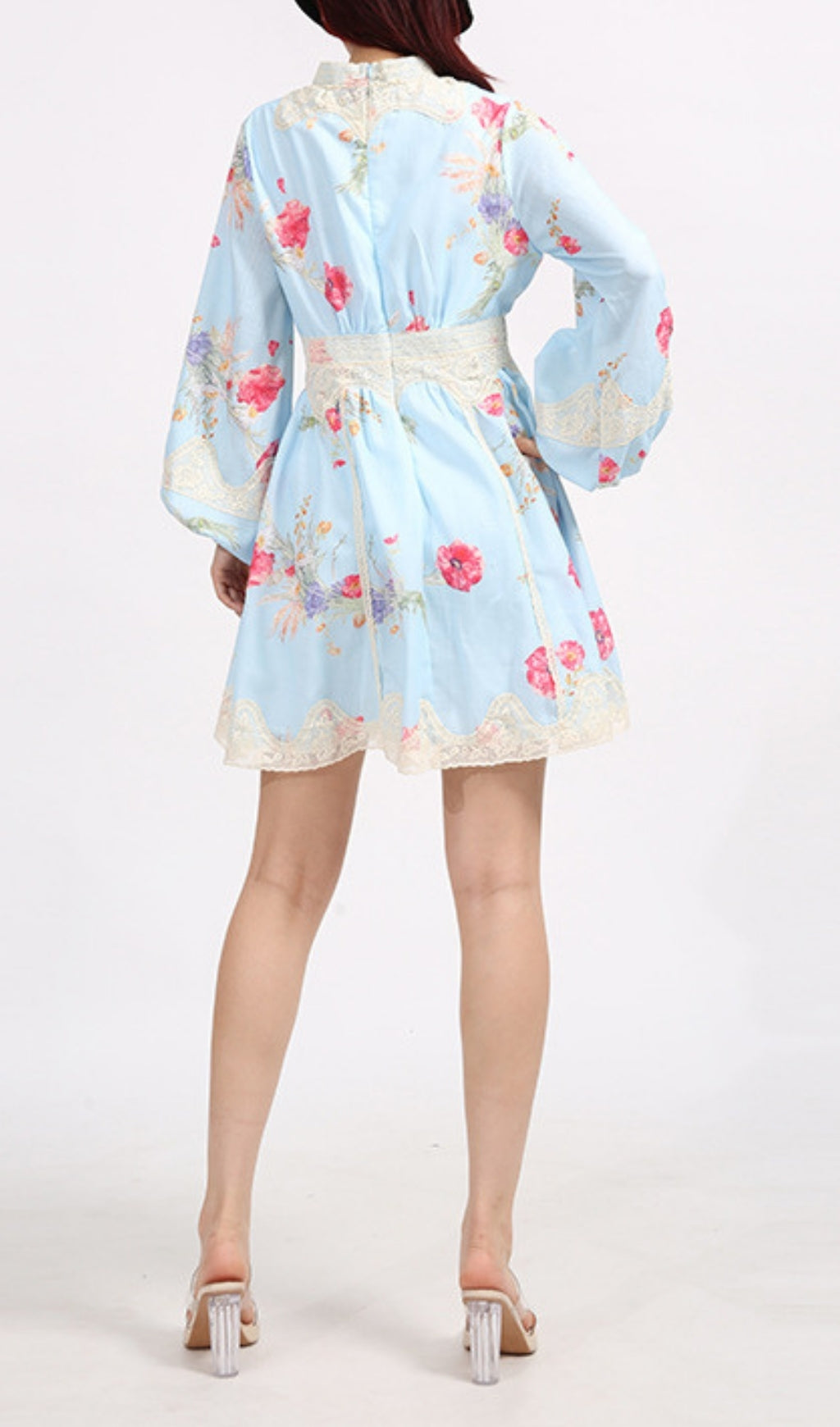 Chic Blue Floral Puff Sleeve Mini Dress with Lace Trim