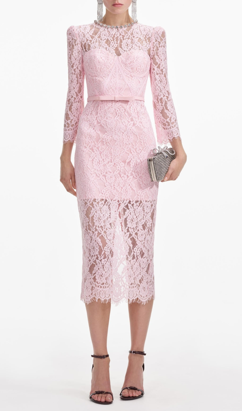 Exquisite Pink Lace Bustier Midi Dress