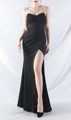 Chizue Black Strapless Corset Boned Maxi Dress with High Slit