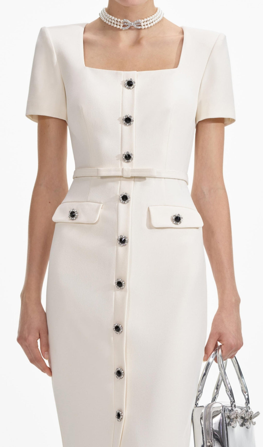 Elegant Cream Crepe Button-Front Midi Dress with Square Neckline