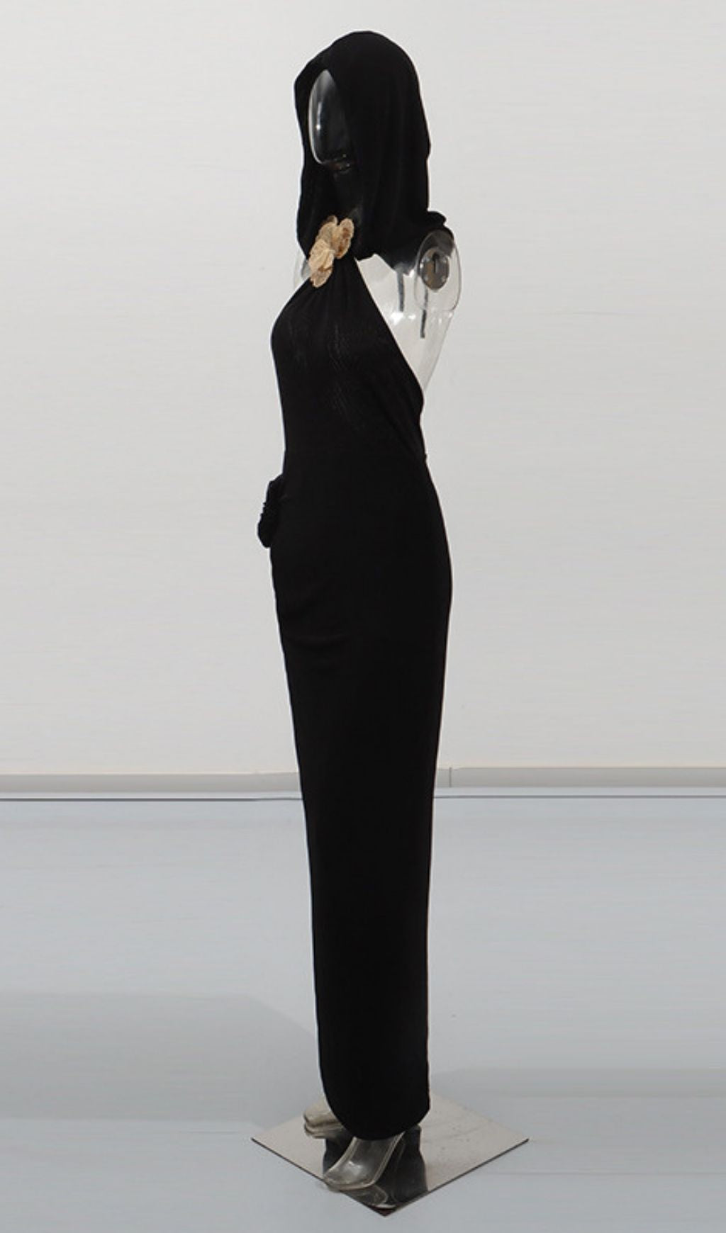 Jyn Black Halter Maxi Dress with Sculptural Floral Embellishment