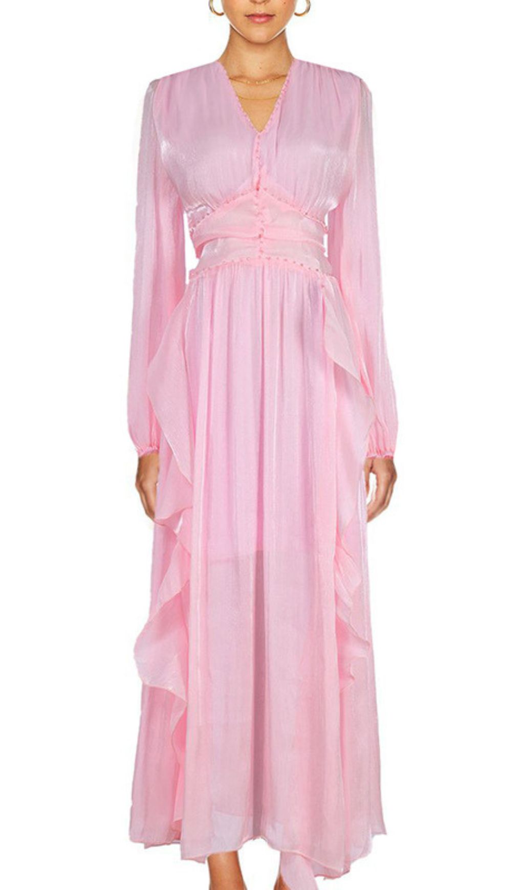 Ginger Shimmer Pink Ruffle V-Neck Long Sleeve Maxi Dress