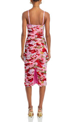 Baki Vibrant Floral Ruched Midi Dress with Spaghetti Straps