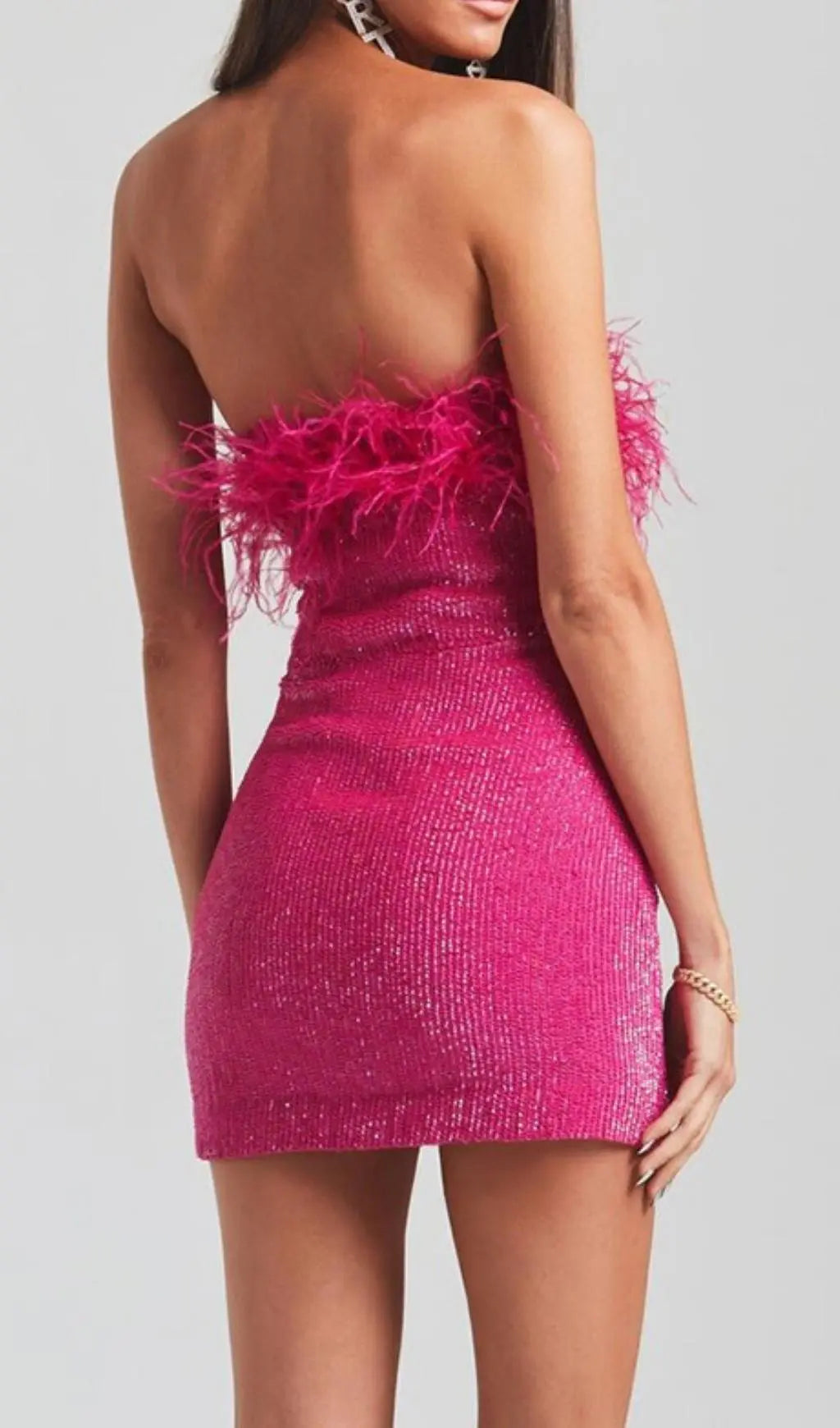 Hot Pink Sequin Feather Strapless Mini Dress