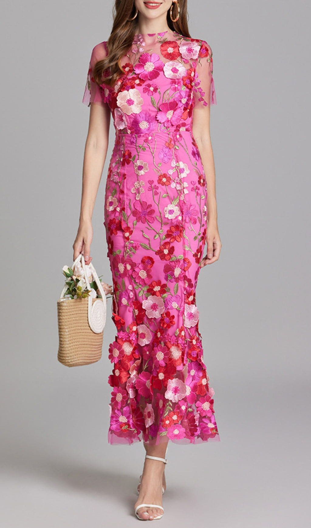 Vibrant Pink 3D Floral Embroidered Mesh Mermaid Midi Dress