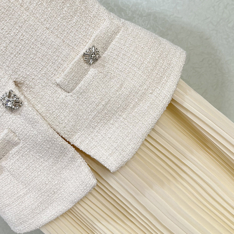 Elegant Cream Embellished Tweed-Style & Pleated Midi Dress