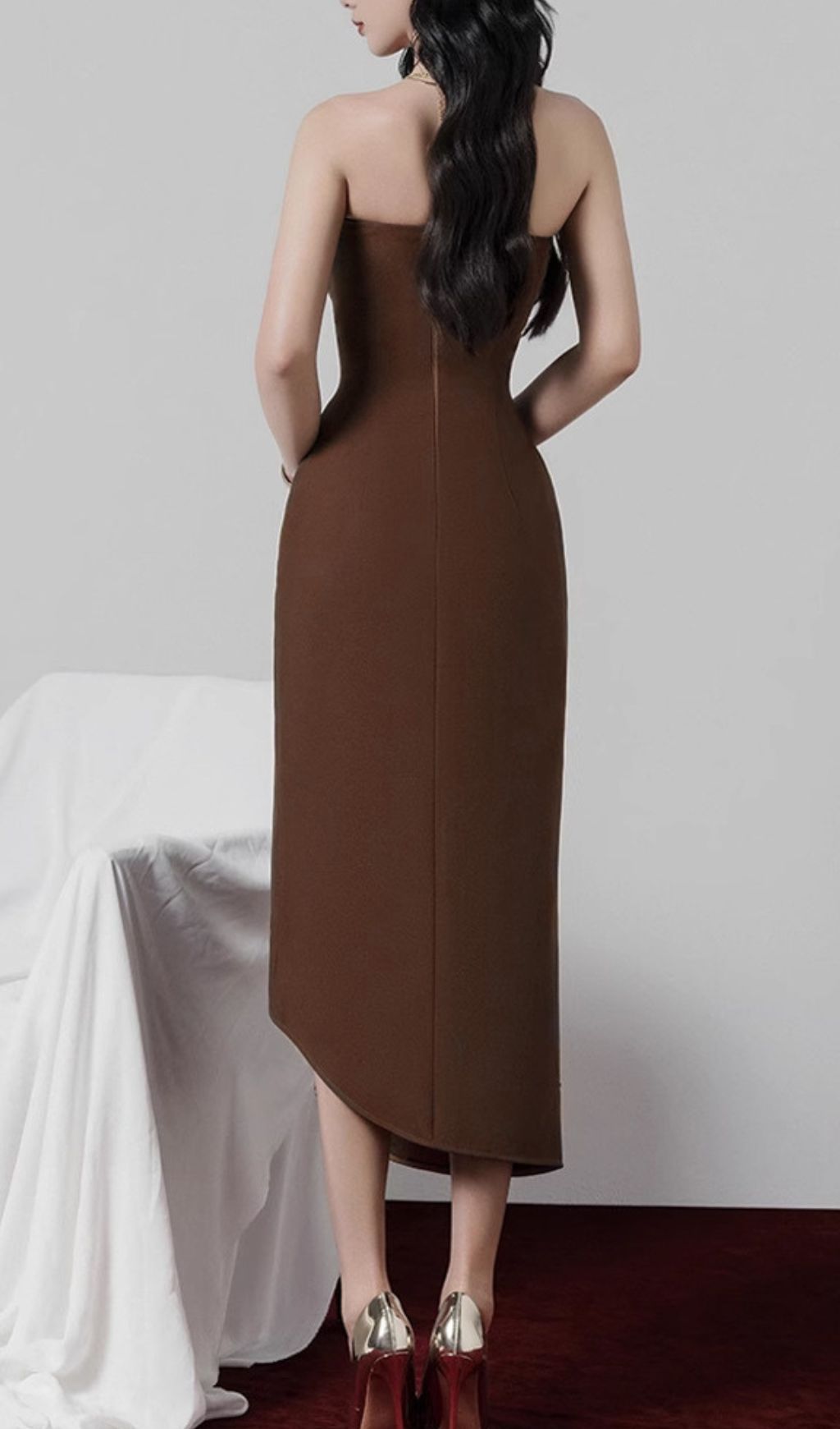 Gali Elegant Strapless Asymmetrical Brown Midi Dress