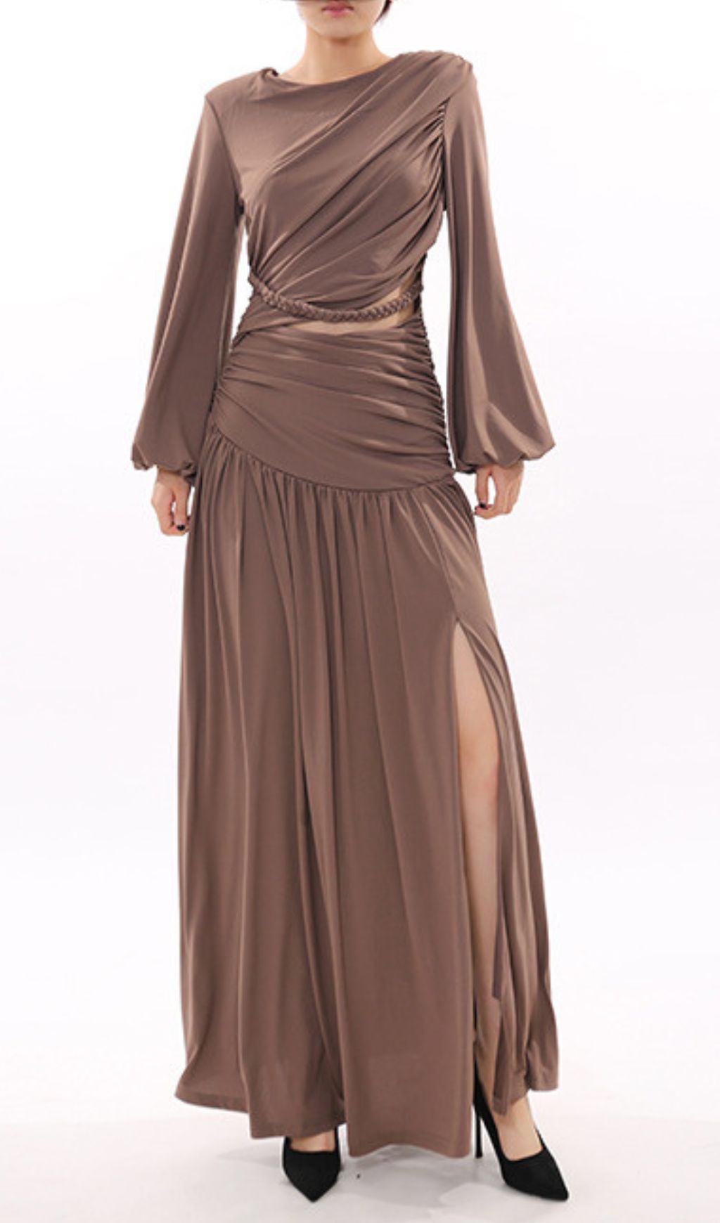 Ignacia Draped Long Sleeve Maxi Dress with Braided Waist Cutout