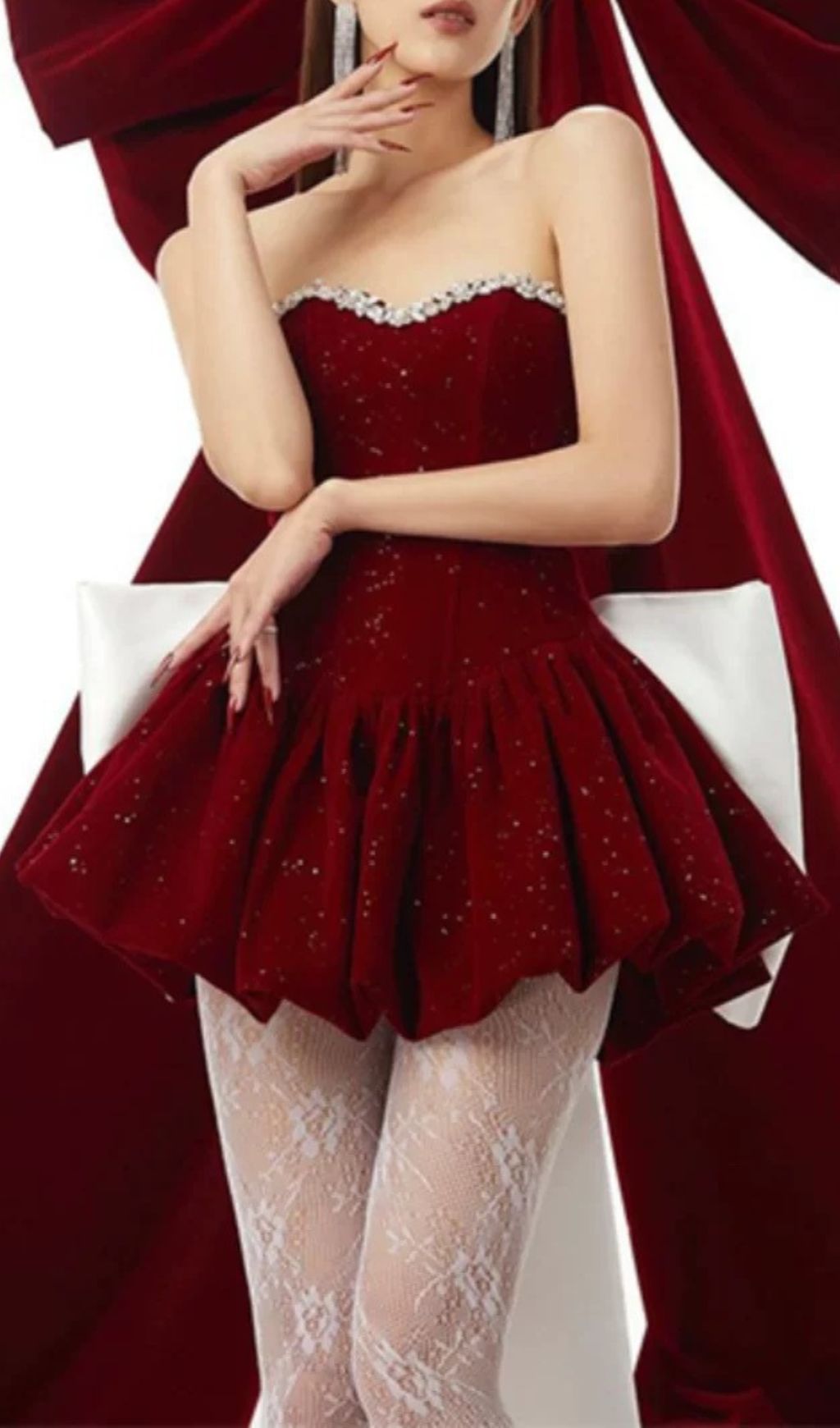 Cookie Red Sparkle Strapless Bow Mini Dress