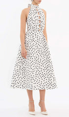 Derora Chic Polka Dot Halter Midi Dress with Bow Cutouts & Pockets