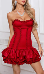 Diya Red Strapless Ruffled Satin Mini Dress