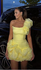 Drika Vibrant Yellow Ruffled One-Shoulder Mini Dress
